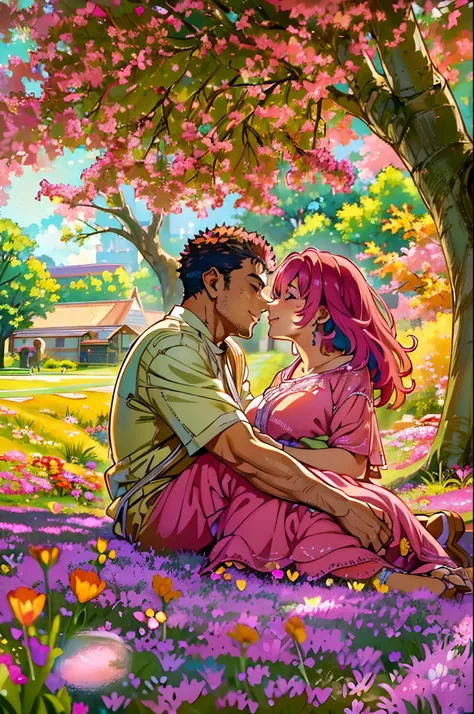 (ultra-detailed, highres, 1.37), (HDR, vivid colors), couple in love, riamu and guts, a beautiful sunny day in the park, husband and wife enjoying a romantic picnic under a shady tree. The couples affectionate gestures and loving smiles create a heartwarmi...