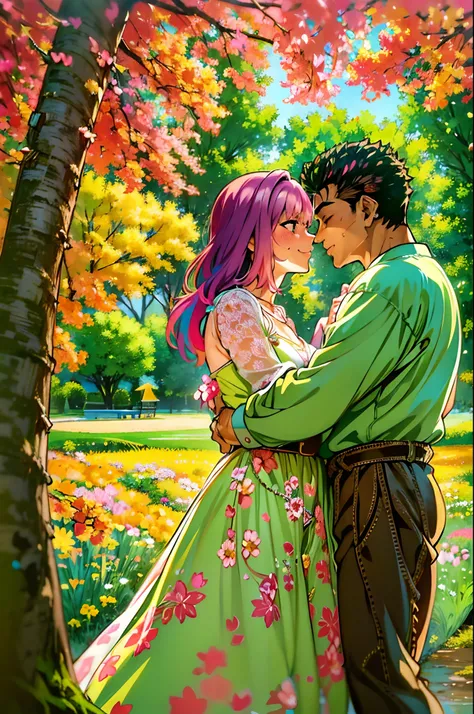 (ultra-detailed, highres, 1.37), (HDR, vivid colors), couple in love, riamu and guts, a beautiful sunny day in the park, husband and wife enjoying a romantic picnic under a shady tree. The couples affectionate gestures and loving smiles create a heartwarmi...