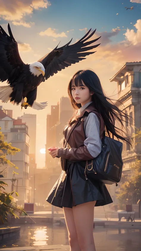 girl with long black hair, a eagle flying over her shoulder and buildings in the background