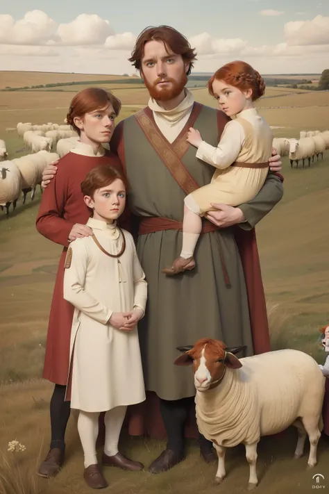 Year: 11th century. Location: Kilmarnock, Scotland. Pre-raphaelite scene with a 32-year-old english man, physician, with redhead wife and ((two sons)), ((8 and 7-year-old boys)), in a field full of sheep ((((11th century plain tunic)))) ((11th century hair...