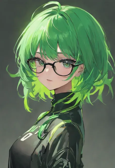 cosplay, E-girl+++, fembot, shiny, green hair, glasses, wearing black frame glasses, female android, with glasses, Asian, malfunction fembot, popular pronstar, Scientistcosplay, {E-girl, fembot, shiny}, {green hair}, a woman glasses, wearing black frame gl...