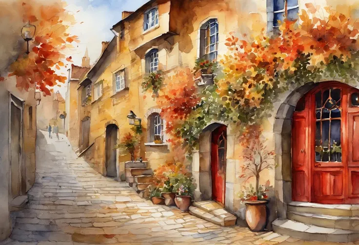 Traditional architecture of the English Middle Ages,cafe terrace,Cobblestone alley,autumnal,Colored leaves,Bright autumn leaves, red leaves, golden leaves,Gentle stairs