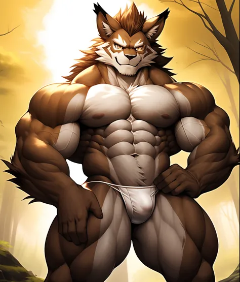 PRO competitive bodybuilder, nj5furry, (Leomon,16 years old, massive, huge, muscular, Gigachad), (((((WHITE THONG))))) Leomon,YOUNG FACE, TEEN, ((extremely realistic shadows, masterpiece, extremely detailed, photorealistic)), kemono, looking at the viewer,...