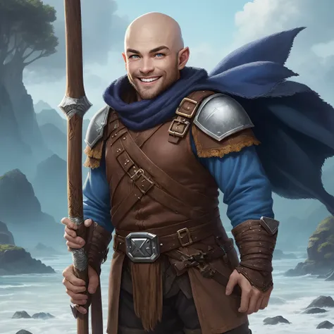 Personagem de D&D dwarf warrior blue eyes fair skin with smile on face and bald