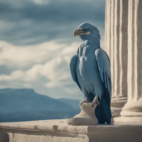 actor with bird mask, background old cartoon, ancient Greece, plates, Greek columns, fields, stairs, clouds, shades of blue and white, composition