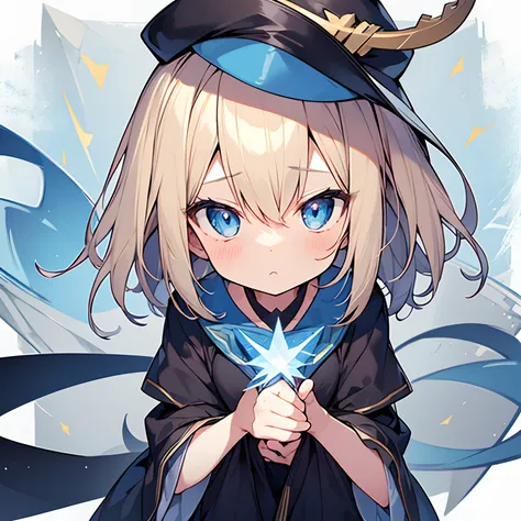 Chibi、２D、animesque、illustratio、planar、girl with、cute little、a blond、blue eyess、cartoon、Alone、Dark Fantasy、sorcerer、Pointy hat、full bodyesbian、frontage、Kyoton Face