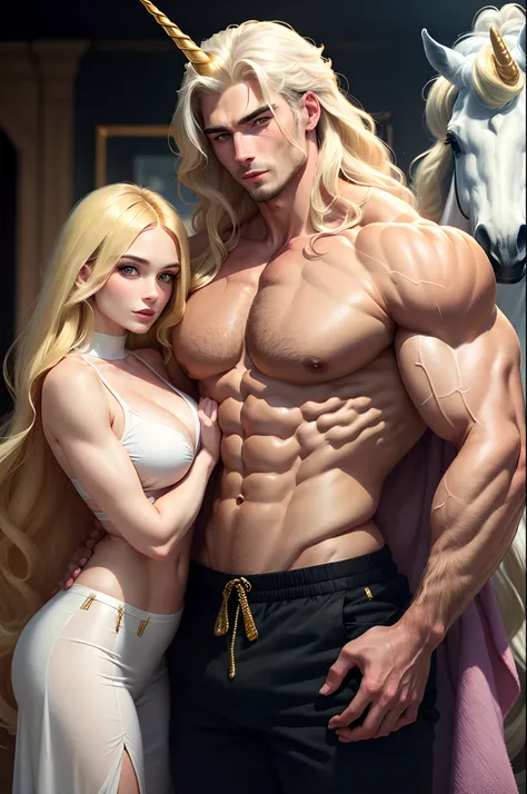 Beautiful blonde woman standing next to a unicorn man with muscles ajd a white mane.