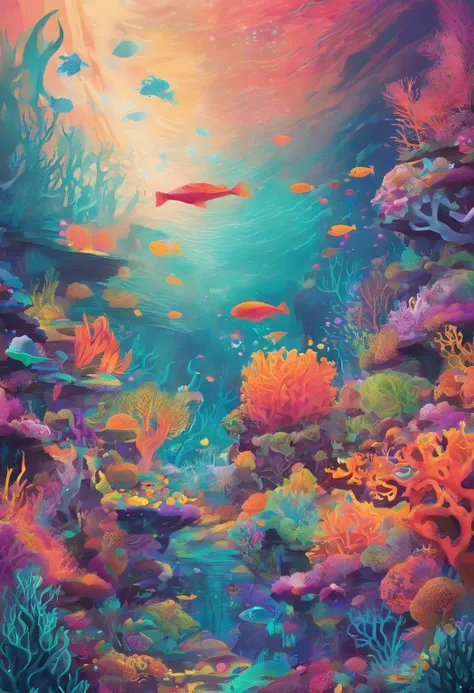 Colorful coral reefs，（（Underwater Kingdom）），Glowing underwater plants，Yayoi Kusama，Dreamy，Dreamlike scenery，Various seabed creatures，Rich in color，Colorful colorful，