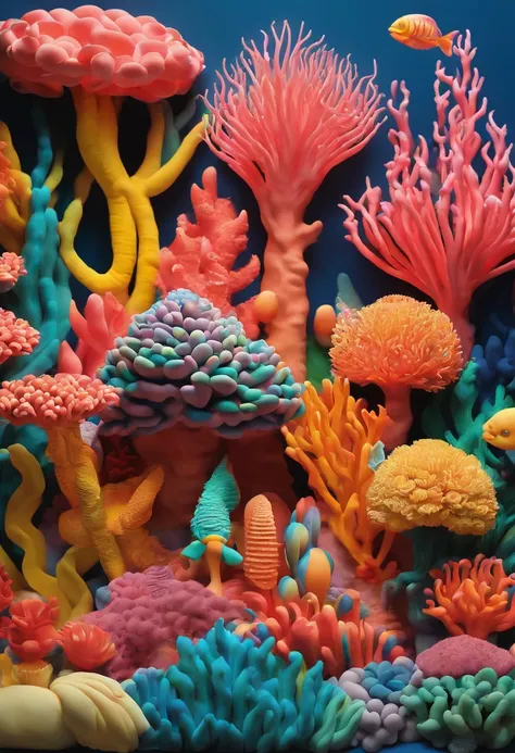 Colorful coral reefs，（（Underwater Kingdom）），Glowing underwater plants，Yayoi Kusama，Dreamy，Dreamlike scenery，Various seabed creatures，Rich in color，Colorful colorful，