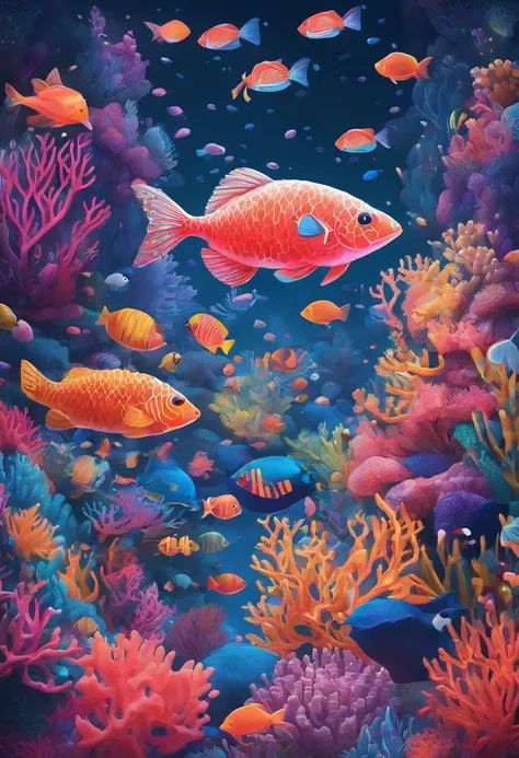 Colorful coral reefs，（（Underwater Kingdom）），Glowing underwater plants，Yayoi Kusama，Dreamy，Dreamlike scenery，Various seabed creatures，Rich in color，Colorful colorful，