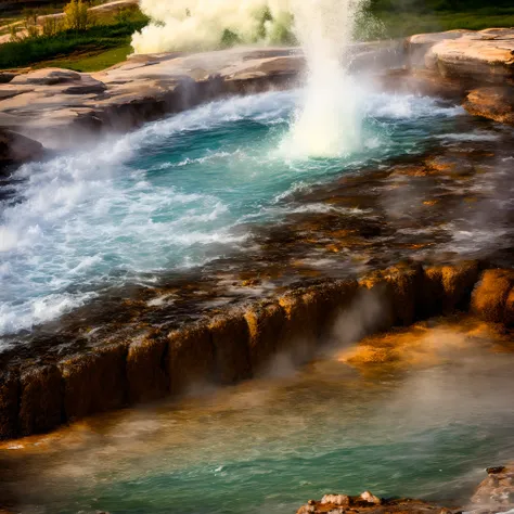 water, boiling water, geyser, Powerful Geyser, Upward discharge of water, Eruption of water,  Water splashes out of a boiling geyser