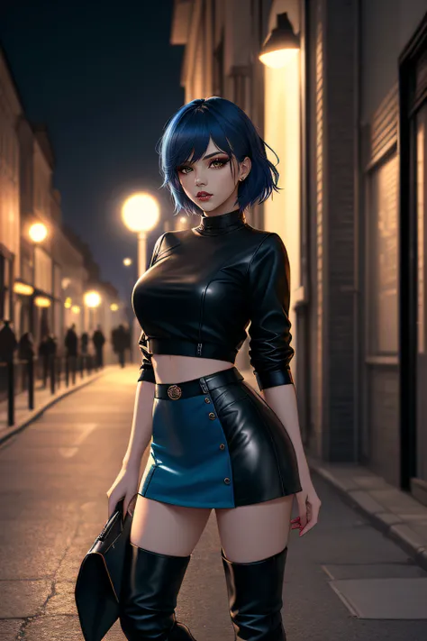 beautiful girl, full body, short bright blue dishevelled hair, black eyeshadow, (street style wear:1.2), ((tight fitted short skirt)), ((knee high leather boots)), (city night background:1.2), dark makeup, digital art, trending on artstation, highly detail...