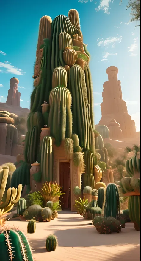 Picture a desert oasis in a surreal, dreamlike setting. A towering, sentient cactus serves as the heart of a hidden civilization, with doors and windows carved into its flesh.