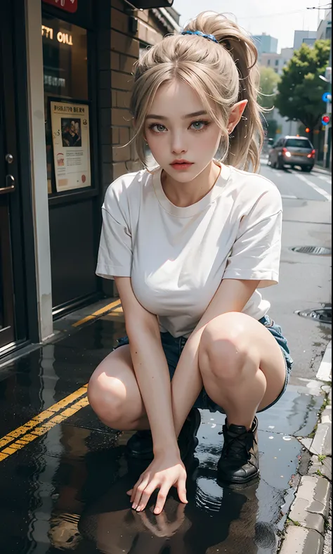 （raining day：1 silver-haired girl, Girl）， tmasterpiece， best qualtiy， RAW photogr， realisticlying， the face， Incredibly Ridiculous res， Beautiful elf beauty, ear studs，Get wet all over， (Champagne-colored ultra-short hair,Half-tied ponytail), Sweatshirt,ti...