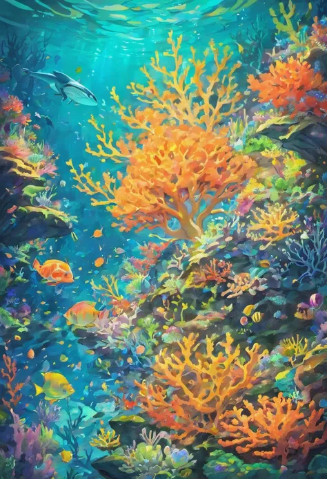 Colorful coral reefs，（（Underwater Kingdom）），Glowing underwater plants，Yayoi Kusama，Dreamy，Dreamlike scenery，Various seabed creatures，Rich in color，Colorful colorful，