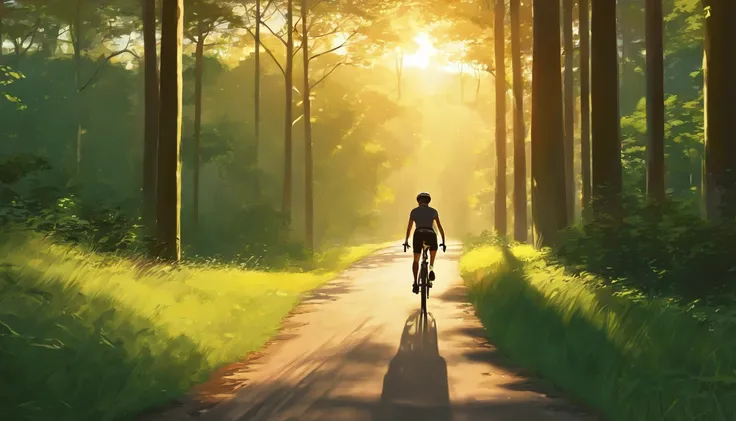 (bike: 1.5), (realistic bike: 1.5), (realistic cyclist: 1.5), cyclist back in foreground, lofi landscape, nature, sun, forest, clearing, undergrowth, landscape background, shadows, contrast, makoto shinkai (Best quality:1.3), (Highres:1) Art by Studio Ghib...