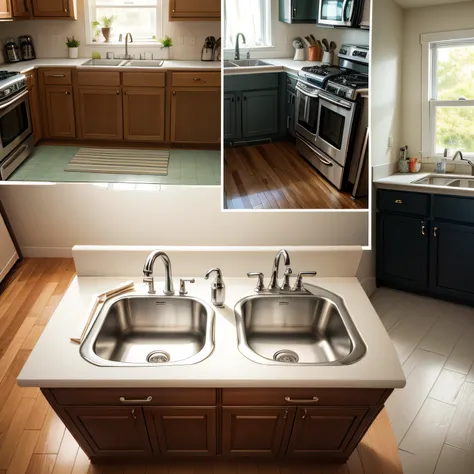 before and after clean kitchen with  SHINY SINK