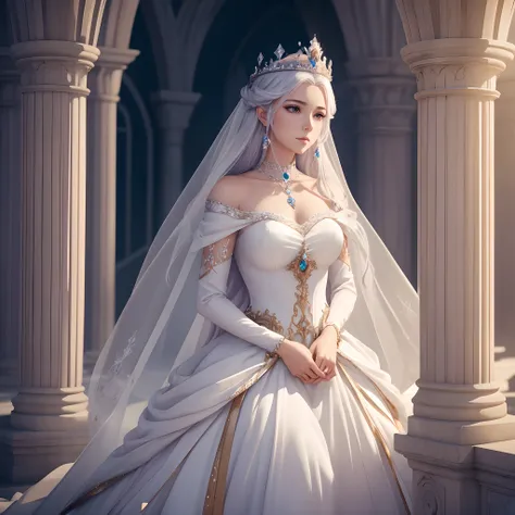 There is a woman in a white dress with a crown on her head, a beautiful fantasy queen, ((beautiful fantasy queen)), a portrait of a princess, a work of art in the Guvez style. 5D CGI anime fantasy artwork, 8K high quality detail art