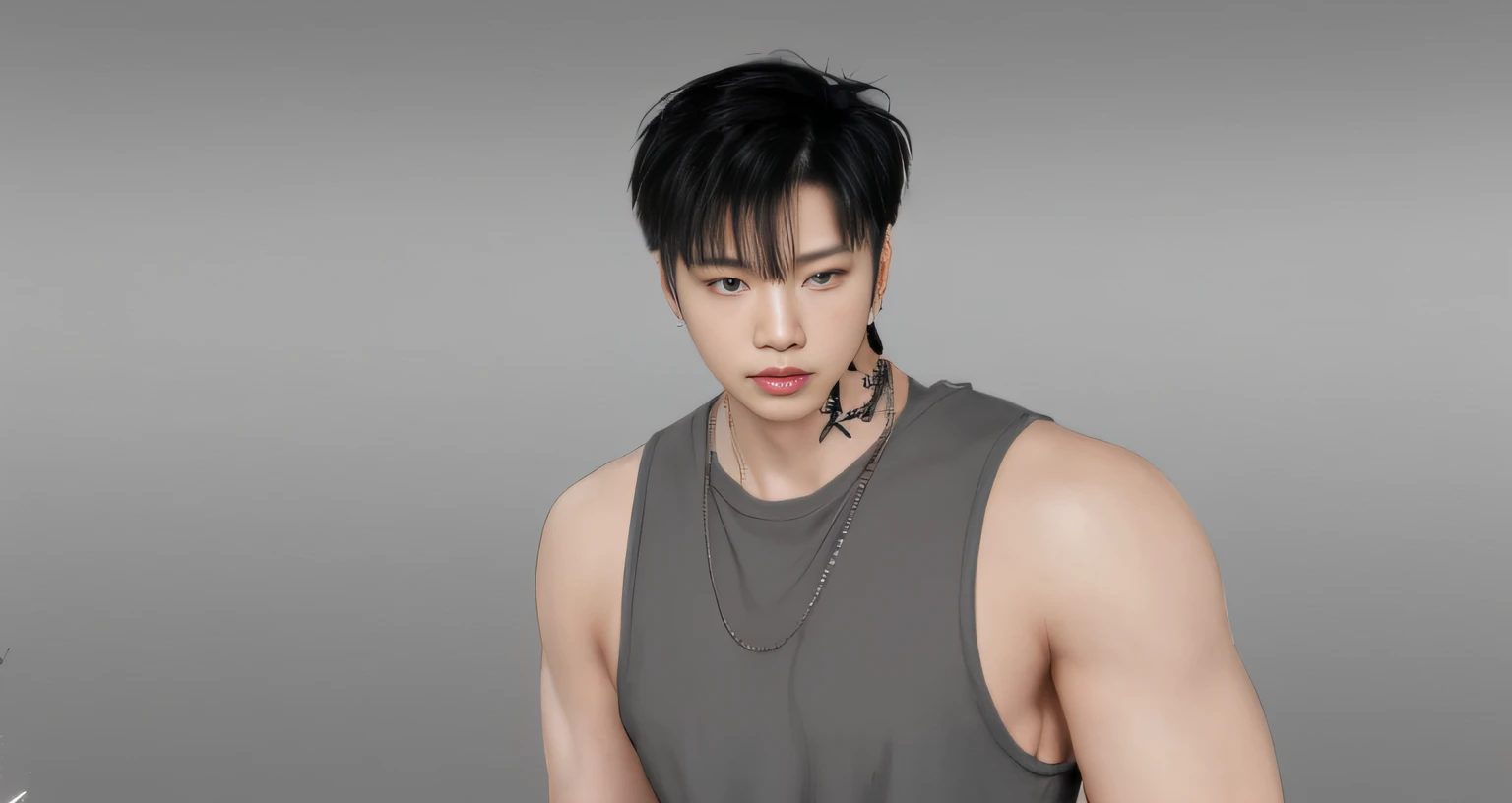 asian guy, black hair, grey tank top, necklace, neck tattoos, cross earrings