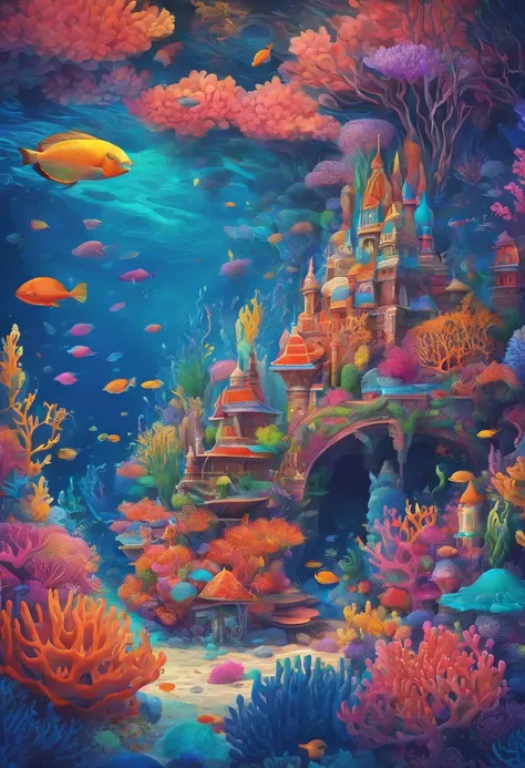 Colorful coral reefs，（（Underwater Kingdom）），Glowing underwater plants，Yayoi Kusama，Dreamy，Dreamlike scenery，Various seabed creatures，Rich in color，Colorful colorful，Castle Palace