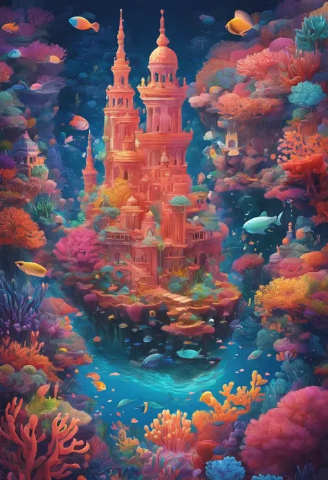 Colorful coral reefs，（（Underwater Kingdom）），Glowing underwater plants，Yayoi Kusama，Dreamy，Dreamlike scenery，Various seabed creatures，Rich in color，Colorful colorful，Castle Palace