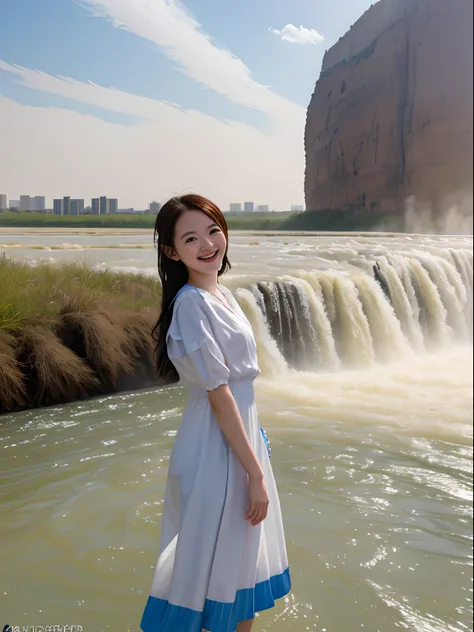 hyper realisitc，beside a river，1 Smiling girl ,See the Yellow River Waterfall,Humanoid cloud， Ray traching， ultra-wide-angle， hyper HD， tmasterpiece， super detailing， best qualtiy， 8K