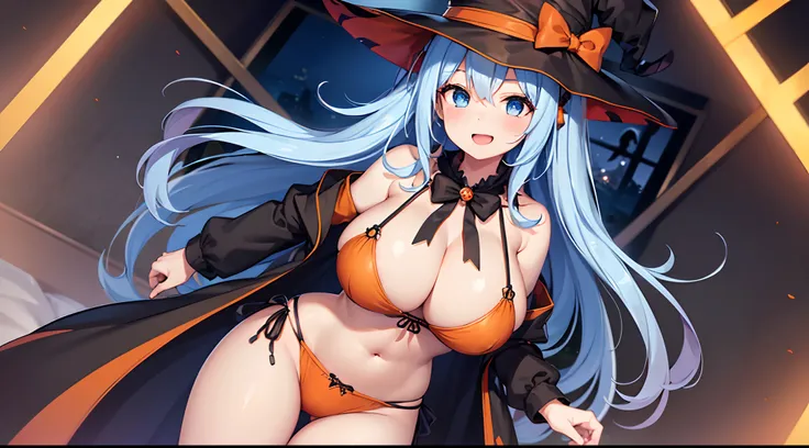 1 girl, game CG, 1 girl, game CG, orange mini dress, visible cleavage, visible shoulders, visible navel, black witch hat, cloak, orange panties, string hair ribbon, gigantic breasts, light blue hair, middle hair, two side up, blue eyes, indoors, Halloween ...