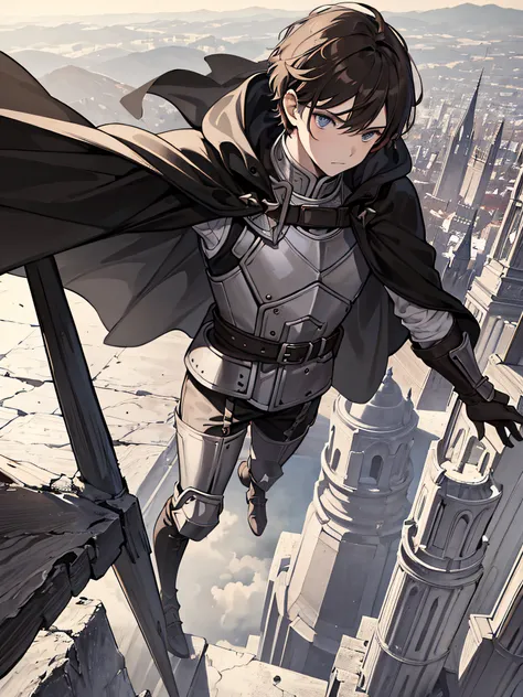 masterpiece, absurdres, 1boy, solo, brown hair, leather armor, wearing cape, monochrome, line drawing, on top of mountain, city view background