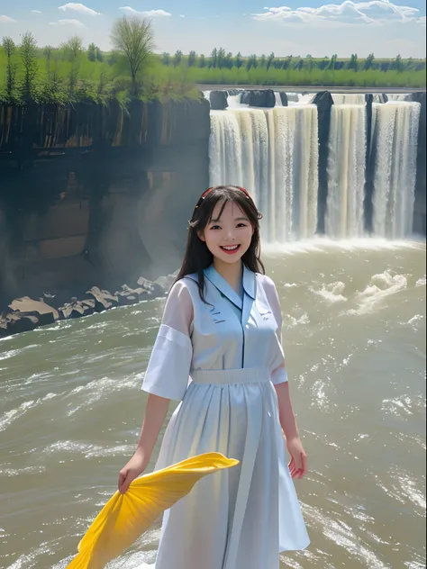 hyper realisitc，beside a river，1 Smiling girl ,See the Yellow River Waterfall,Humanoid cloud， Ray traching， ultra-wide-angle， hyper HD， tmasterpiece， super detailing， best qualtiy， 8K