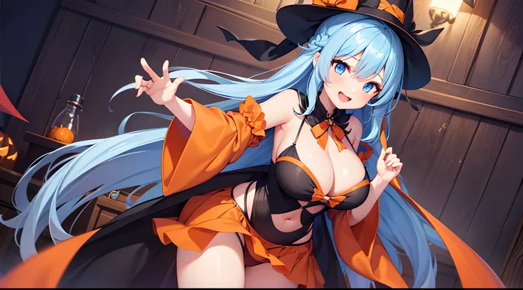 1 girl, game CG, 1 girl, game CG, orange mini dress, visible cleavage, visible shoulders, visible navel, black witch hat, cloak, orange panties, string hair ribbon, gigantic breasts, light blue hair, middle hair, two side up, blue eyes, indoors, Halloween ...