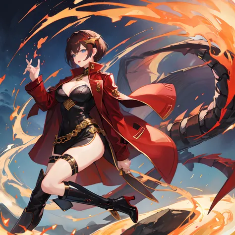 woman, brunette waivy short hair, gold-blue eyes, long boots, red and black outfit modern with oriental elements, dragon horns and dragon tail, red lipstick, in jacket with golden elements