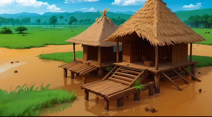 West Africa, daytime, wooden dock, simple, by a river of West Africa, grassland, open space, goods, supplies, background is riverside in West Africa, Senegal or Abidjan, 15th century, ancient, barbarian, primitive culture, grass roof, grass wall, no man no...