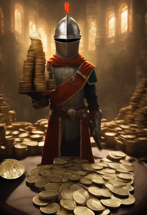 Solaire of Astor’s from Dark Souls holding a stack of money up to the camera fish eye lens.