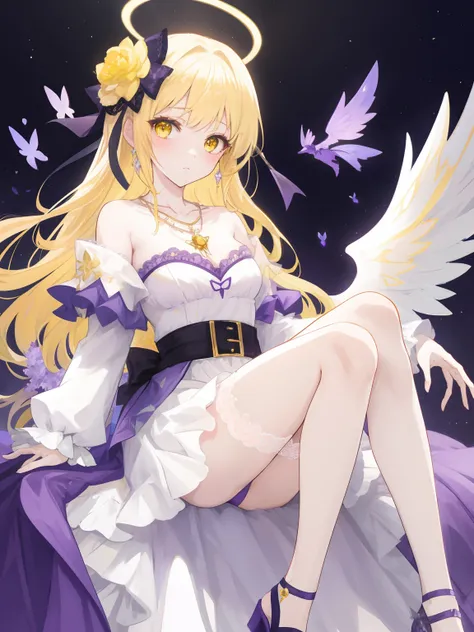 Anime game Arcane Gardens of the Great White Empire - Girl, pale yellow hair, long hair, bright yellow eyes, purple eyeliner, light white dress, yellow diamond pattern on the dress, yellow pattern on the dress, sad, looking at the viewer, purple necklace, ...