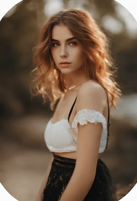 teenage girl, front portrait, orange, very messy shoulder length hair, extremely cute eyes, watery eyes, shining eyes, facing front, sensual accessories,sensual style, crop top, confident gaze, monochrome color scheme, small waist, front-facing, sensual fa...