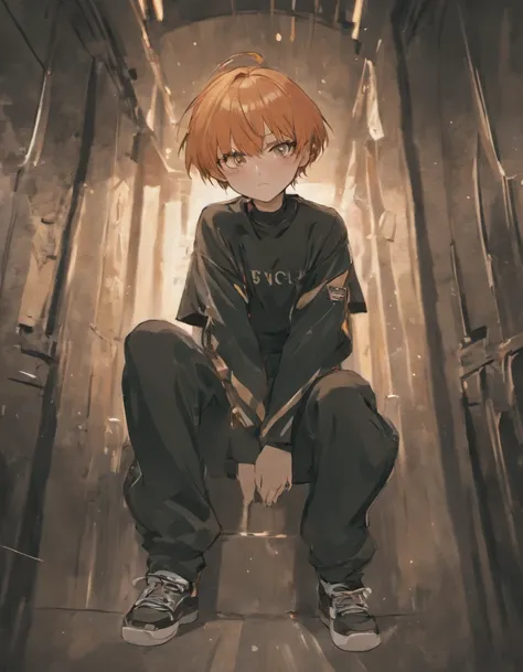 1 bishounen.  Black bowl cut japanese. Chunky white highlights on side. jitome. Black V necked  t-shirt. camouflage pants. kneeling on one leg. japanese animation. masterpiece.