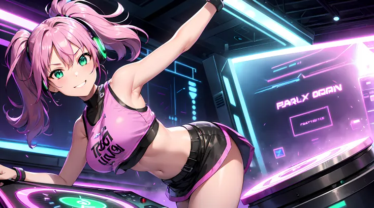 ​masterpiece, 1girl ((20year old, crop top shirt exposes navel, purple miniskirt, sneakers, medium breasts, multicolor pink hair, twin ponytails, green eyes, flirting, happy, big smile, looking up, headphones, standing behind a DJ turntable, in a dance clu...