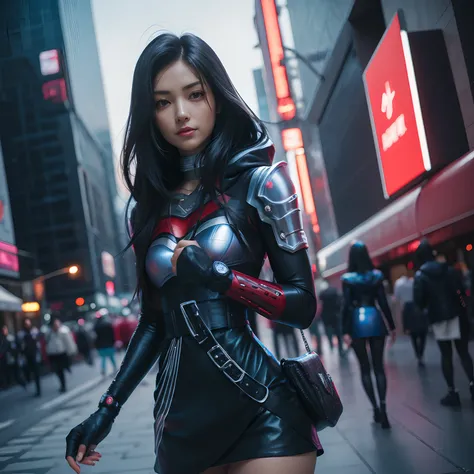 23 Year Old Cyborg Woman With Robotic Prostheses Black Hair Beautiful Face Tender Look Sly Mischievous Little Red Riding Hood Costume Cyberpunk Anime Manga with Electronic Equipment in Her Bag in Neo Tokyo City in the Year 2077 Photorealistic Image with 16...