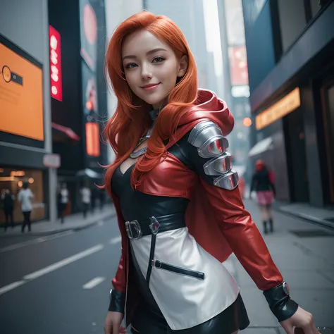 Little Red Riding Hood Costume 23-year-old woman orange hair beautiful face tender look mischievous smile cyberpunk anime manga with electronic equipment in the city of Neo Tokyo in the year 2077 photorealistic image with 16 HD resolution