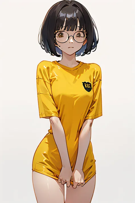 1girl, yellow_shirt, thighs, short_hair, black_hair, glasses, gradient_background