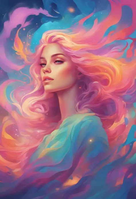 soft pastel colors, cartoon style illustration of a woman as she sees the world while experiencing hallucinations, stoned, splash art, splashed pastel colors, (soft iridiscent glowy smoke) motion effects, best quality, wallpaper art, UHD, centered image, M...