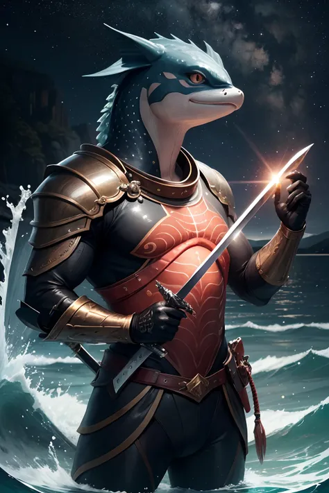 An anthropomorphic salmon holding a sword, in symbolic fight to the paradox of being born in water just to end as lover of astronomy. Sea and dark starry sky as background.