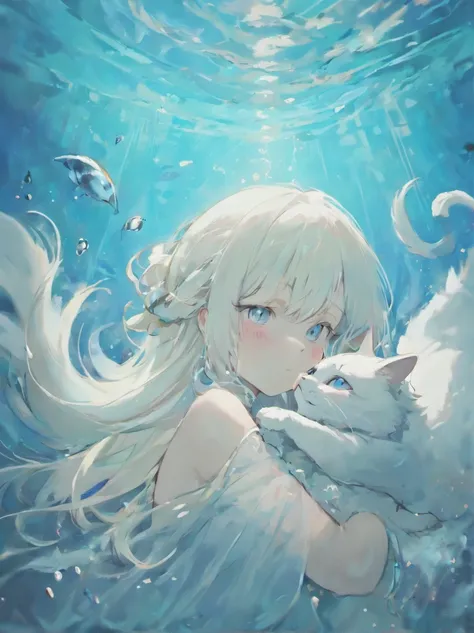 A girl with white hair, a white cat, cat has blue eyes, girl has blue eyes, girl kissing cat , under water, close up,very pale tone, soft lines, tranquility, dreamy, mystic