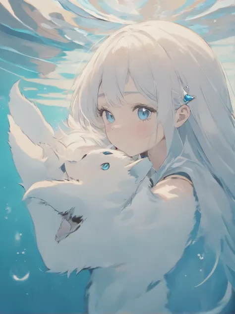 A girl with white hair, a white cat, cat has blue eyes, girl has blue eyes, girl kissing cat , under water, close up,very pale tone, soft lines, tranquility, dreamy, mystic