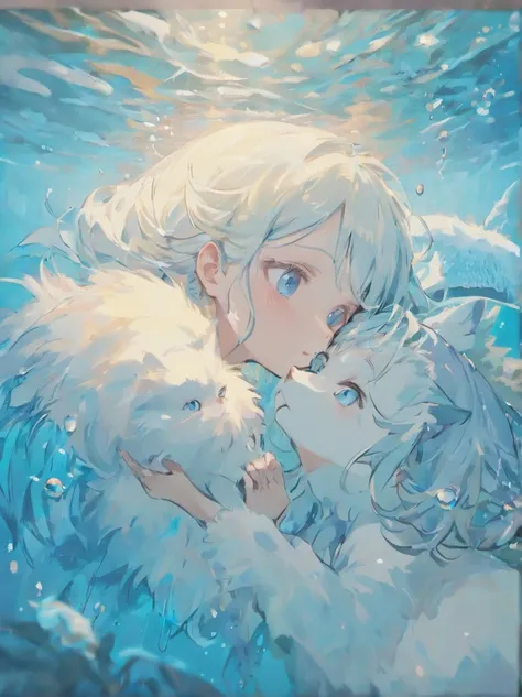 A girl with white hair, a white cat, cat has blue eyes, girl has blue eyes, girl kissing cat , under water, close up,very pale tone, soft lines, tranquility, dreamy, mystic