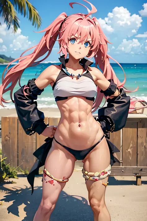 ((female)), (very messy hair), (serious look), fangs, ((ripped abdomen)), toned arms and legs, small breasts, excessive sweating, (summer beach scene), blue eyes, yacht at background, high quality, 8k, faithful to the original, hands on hips, ((the camera ...