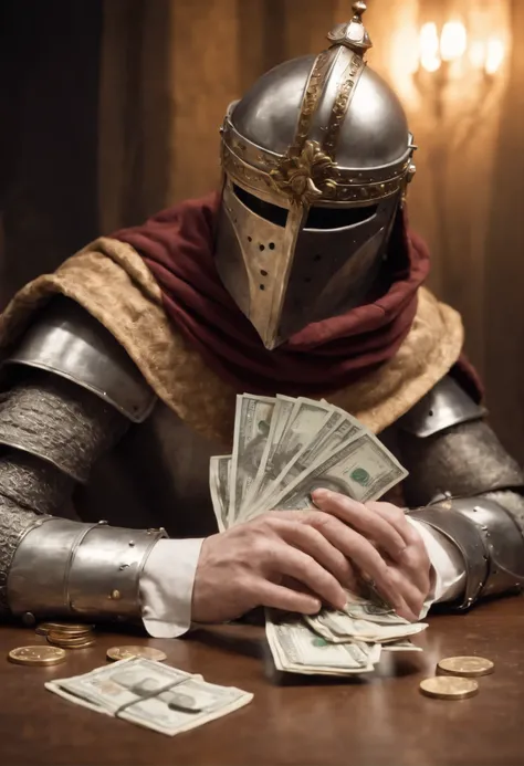 Solaire of Astor’s from Dark Souls holding a stack of money up to the camera fish eye lens.