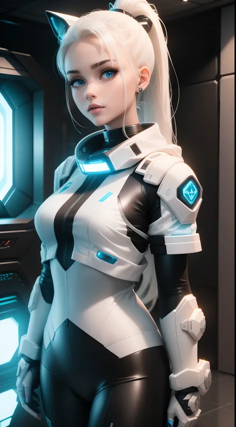 (3D, 3d render, unreal engine 5, masterpieces, high resolution),  Full body internet girl with ponytail. Ariana Grandes face. Bright white indicates that she is a cyber girl with a white laser rifle. White eyebrows. Clothes like cat outfits. She also has b...