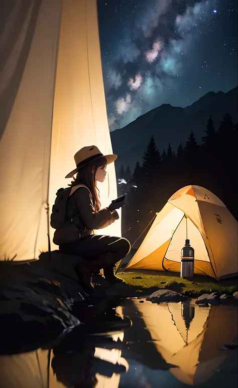 masterpiece, best quality, ultra-detailed, illustration, 1girl, solo, outdoors, camping, night, mountains, nature, stars, moon, bonfire, tent, twin ponytails, green eyes, cheerful, happy, backpack, sleeping bag, camping stove, water bottle, mountain boots,...