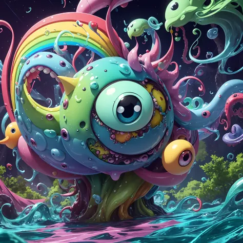 a cute bird, amorphous monster with multiple eyes, tentacles, and a gaping mouth. It oozes a rainbow-colored slime and leaves a trail of destruction in its wake.